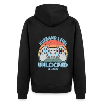Husband Level Unlocked Est. 2023 Funny Married Men - Unisex Premium Organic Zip Hoodie - black - Back - Nico (187cm)