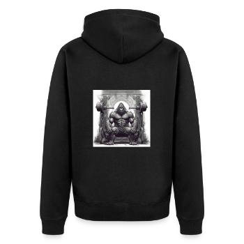 Gorilla, Affe, Antikes Fitnessgerät, Fitness - Unisex Premium Bio Zip Hoodie - Schwarz - Hinten - Nico (187cm)