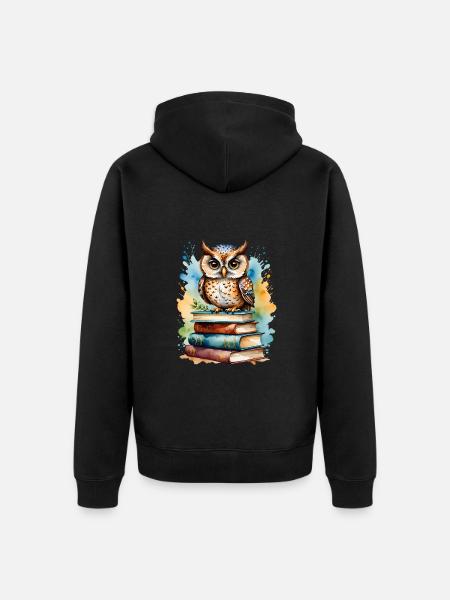 Büchereule bunt Aquarell - Unisex Premium Bio Zip Hoodie - Schwarz