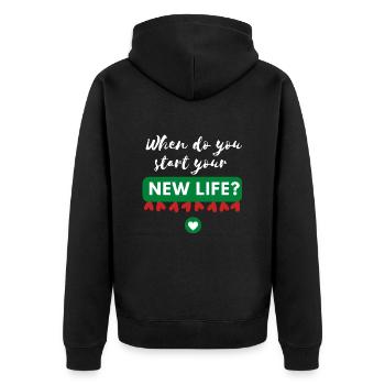 Wann fangen Sie an? - Unisex Premium Bio Zip Hoodie - Schwarz - Hinten - Nico (187cm)