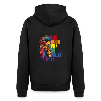 LGBTQ Lesbian Gay Pride Merch Regenbogen Löwe - Unisex Premium Bio Zip Hoodie - Schwarz - Hinten - Nico (187cm)