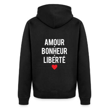 Amour bonheur liberté expression - Veste à capuche bio Premium Unisexe - noir - Dos - Nico (187cm)