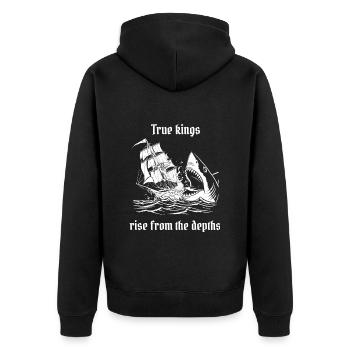 Shark and pirate ship, ocean, true kings - Unisex Premium Organic Zip Hoodie - black - Back - Nico (187cm)