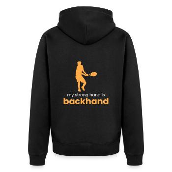 my strong hand is the backhand - Unisex Premium Organic Zip Hoodie - black - Back - Nico (187cm)