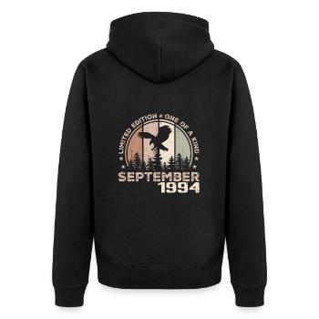 Unvergleichlich seit September 1994 30 Jubiläum - Unisex Premium Bio Zip Hoodie - Schwarz - Hinten - Nico (187cm)