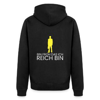 bin froh das ich reich bin - Unisex Premium Bio Zip Hoodie - Schwarz - Hinten - Nico (187cm)