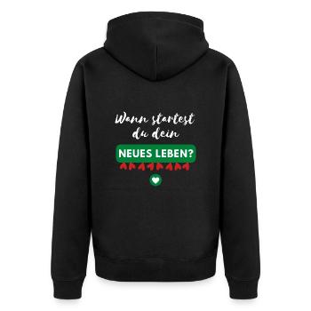 Wann startest du? - Unisex Premium Bio Zip Hoodie - Schwarz - Hinten - Nico (187cm)