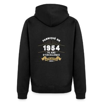 Made in 1954 70 Years of Original Excellence - Unisex Premium Organic Zip Hoodie - black - Back - Nico (187cm)