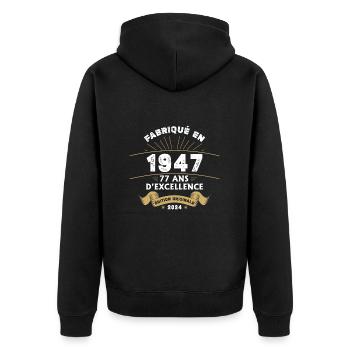 Made in 1947 77 Years of Original Excellence - Unisex Premium Organic Zip Hoodie - black - Back - Nico (187cm)