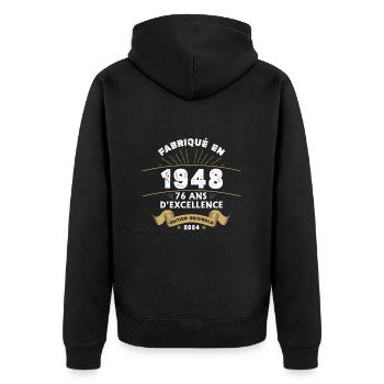 Hergestellt im Jahr 1948 76 Jahre ursprüngliche Exzellenz - Unisex Premium Bio Zip Hoodie - Schwarz - Hinten - Nico (187cm)