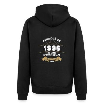 Hergestellt im Jahr 1996 28 Jahre ursprüngliche Exzellenz - Unisex Premium Bio Zip Hoodie - Schwarz - Hinten - Nico (187cm)
