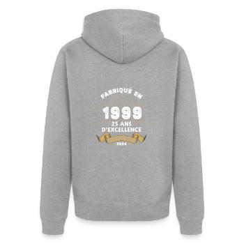 Hergestellt im Jahr 1999 25 Jahre Original-Exzellenz - Unisex Premium Bio Zip Hoodie - Grau meliert - Hinten - Nico (187cm)