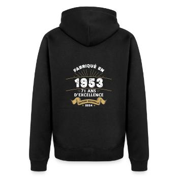 Made in 1953 71 Years of Original Excellence - Unisex Premium Organic Zip Hoodie - black - Back - Nico (187cm)