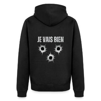 Mir geht es gut, alles ist in Ordnung, Einschusslochpistole - Unisex Premium Bio Zip Hoodie - Schwarz - Hinten - Nico (187cm)