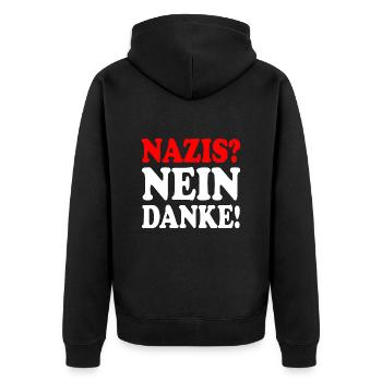 Nazis nein danke - Unisex Premium Bio Zip Hoodie - Schwarz - Hinten - Nico (187cm)