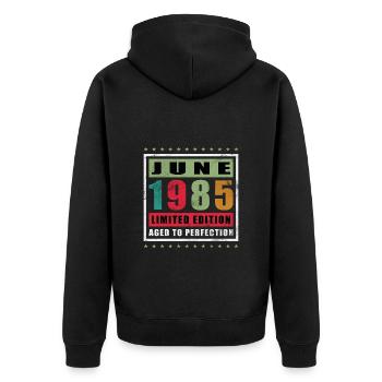Juni 1985 | Geburtstag 1985 Jahrgang Juni 1985 - Unisex Premium Bio Zip Hoodie - Schwarz - Hinten - Nico (187cm)