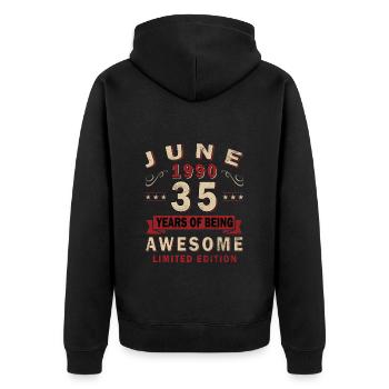 Jahrgang Juni 1990, Juni 1990, Jahrgang Juni 1990 - Unisex Premium Bio Zip Hoodie - Schwarz - Hinten - Nico (187cm)