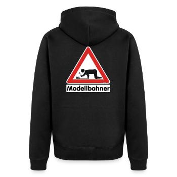 Warnschild "Modellbahner E Lok" - Unisex Premium Bio Zip Hoodie - Schwarz - Hinten - Nico (187cm)