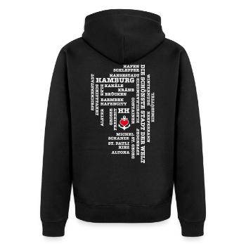 Hamburg Begriffe / Herz auf Anker / Text weiss - Unisex Premium Bio Zip Hoodie - Schwarz - Hinten - Nico (187cm)