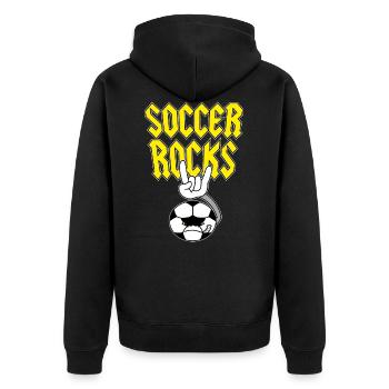 Rockender Fussball Fußballfan Rock - Unisex Premium Bio Zip Hoodie - Schwarz - Hinten - Nico (187cm)