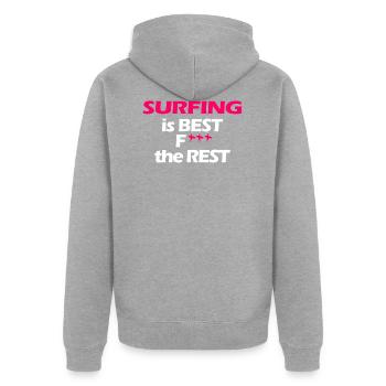 Le surf est la meilleure surfergirl - Veste à capuche bio Premium Unisexe - gris chiné - Dos - Nico (187cm)