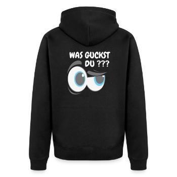 WAS GUCKST DU !? LUSTIGER SPRUCH MIT AUGENBRAUE - Unisex Premium Bio Zip Hoodie - Schwarz - Hinten - Nico (187cm)