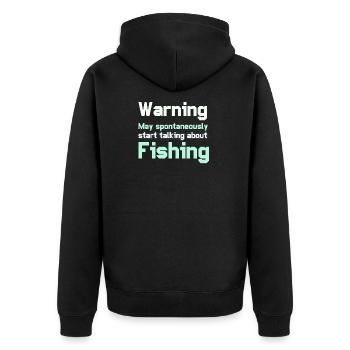 Warning May spontaneously start talking about Fish - Unisex Premium Bio Zip Hoodie - Schwarz - Hinten - Nico (187cm)