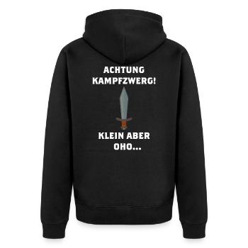 Achtung Kampfzwerg mit Schwert, klein aber oho... - Unisex Premium Bio Zip Hoodie - Schwarz - Hinten - Nico (187cm)
