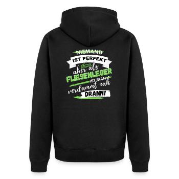 LUSTIGES FLIESENLEGER SPRUCH DESIGN ALS GESCHENK - Unisex Premium Bio Zip Hoodie - Schwarz - Hinten - Nico (187cm)