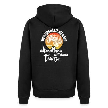 Unterschätze niemals alten Mann mit einem Traktor - Unisex Premium Bio Zip Hoodie - Schwarz - Hinten - Nico (187cm)