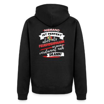 LUSTIGES FEUERWEHRMANN SPRUCH SHIRT - Unisex Premium Bio Zip Hoodie - Schwarz - Hinten - Nico (187cm)