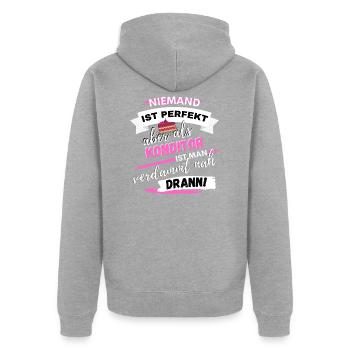LUSTIGES KONDITOR SPRUCH DESIN - GESCHENKIDEE - Unisex Premium Bio Zip Hoodie - Grau meliert - Hinten - Nico (187cm)