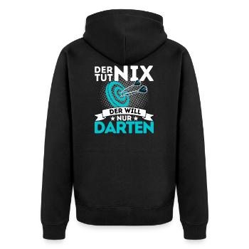 Lustiges Dartspieler Dartspruch Design Geschenk - Unisex Premium Bio Zip Hoodie - Schwarz - Hinten - Nico (187cm)