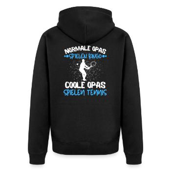 COOLE OPAS SPIELEN TENNIS! TENNIS SPRUCH MOTIV - Unisex Premium Bio Zip Hoodie - Schwarz - Hinten - Nico (187cm)