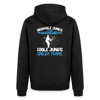 COOLE JUNGS SPIELEN TENNIS! COOLES TENNIS SPRUCH - Unisex Premium Bio Zip Hoodie - Schwarz - Hinten - Nico (187cm)