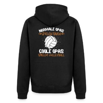 COOLE OPAS SPIELEN VOLLEYBALL - RENTNER VOLLEYBALL - Unisex Premium Bio Zip Hoodie - Schwarz - Hinten - Nico (187cm)