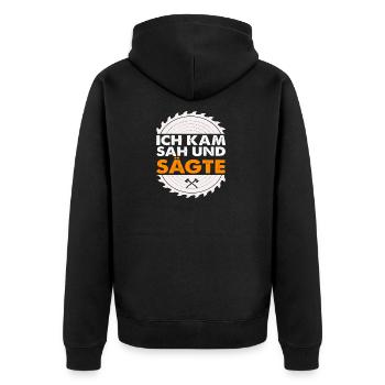 Holzfäller Ich Kam Sah und Sägte - Unisex Premium Bio Zip Hoodie - Schwarz - Hinten - Nico (187cm)