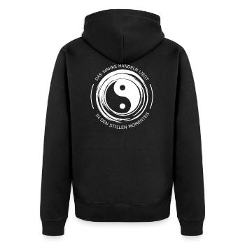 Stille Momente - Unisex Premium Bio Zip Hoodie - Schwarz - Hinten - Nico (187cm)