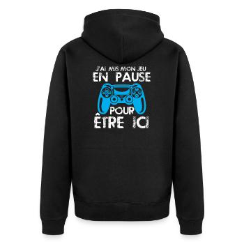 Ado Geek Humour Jeux Vidéo J'ai Mon Jeu En Pause - Veste à capuche bio Premium Unisexe - noir - Dos - Nico (187cm)