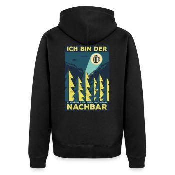 Ich bin der 2 Kisten Bier sind machbar Nachbar - Unisex Premium Bio Zip Hoodie - Schwarz - Hinten - Nico (187cm)
