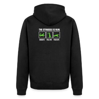 Dino The struggle is real funny T-Rex gym workout - Unisex Premium Organic Zip Hoodie - black - Back - Nico (187cm)