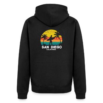 San Diego CA California Van Life Surfer USA - Unisex Premium Bio Zip Hoodie - Schwarz - Hinten - Nico (187cm)
