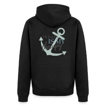Travel is my therapy - Reisen ist meine Therapie - Unisex Premium Bio Zip Hoodie - Schwarz - Hinten - Nico (187cm)