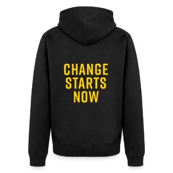 change starts now - Unisex Premium Organic Zip Hoodie - black - Back - Nico (187cm)