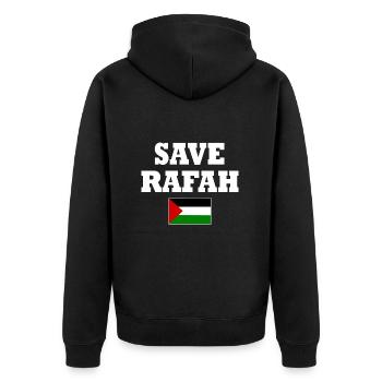 Save rafah - Unisex Premium Bio Zip Hoodie - Schwarz - Hinten - Nico (187cm)