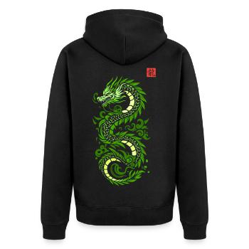 Grüner japanischer Drache, japanischer Kanji-Druckstil - Unisex Premium Bio Zip Hoodie - Schwarz - Hinten - Nico (187cm)