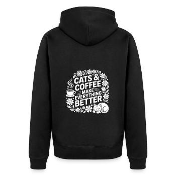Katze und Kaffee ist alles was ich brauche - Unisex Premium Bio Zip Hoodie - Schwarz - Hinten - Nico (187cm)