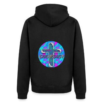 God First (One) - Unisex Premium Organic Zip Hoodie - black - Back - Nico (187cm)