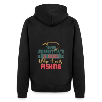 Unterschätze nie ein Mädchen, dass Fischen liebt - Unisex Premium Bio Zip Hoodie - Schwarz - Hinten - Nico (187cm)