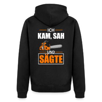 Ich kam sah und sägte Holzfäller - Unisex Premium Bio Zip Hoodie - Schwarz - Hinten - Nico (187cm)